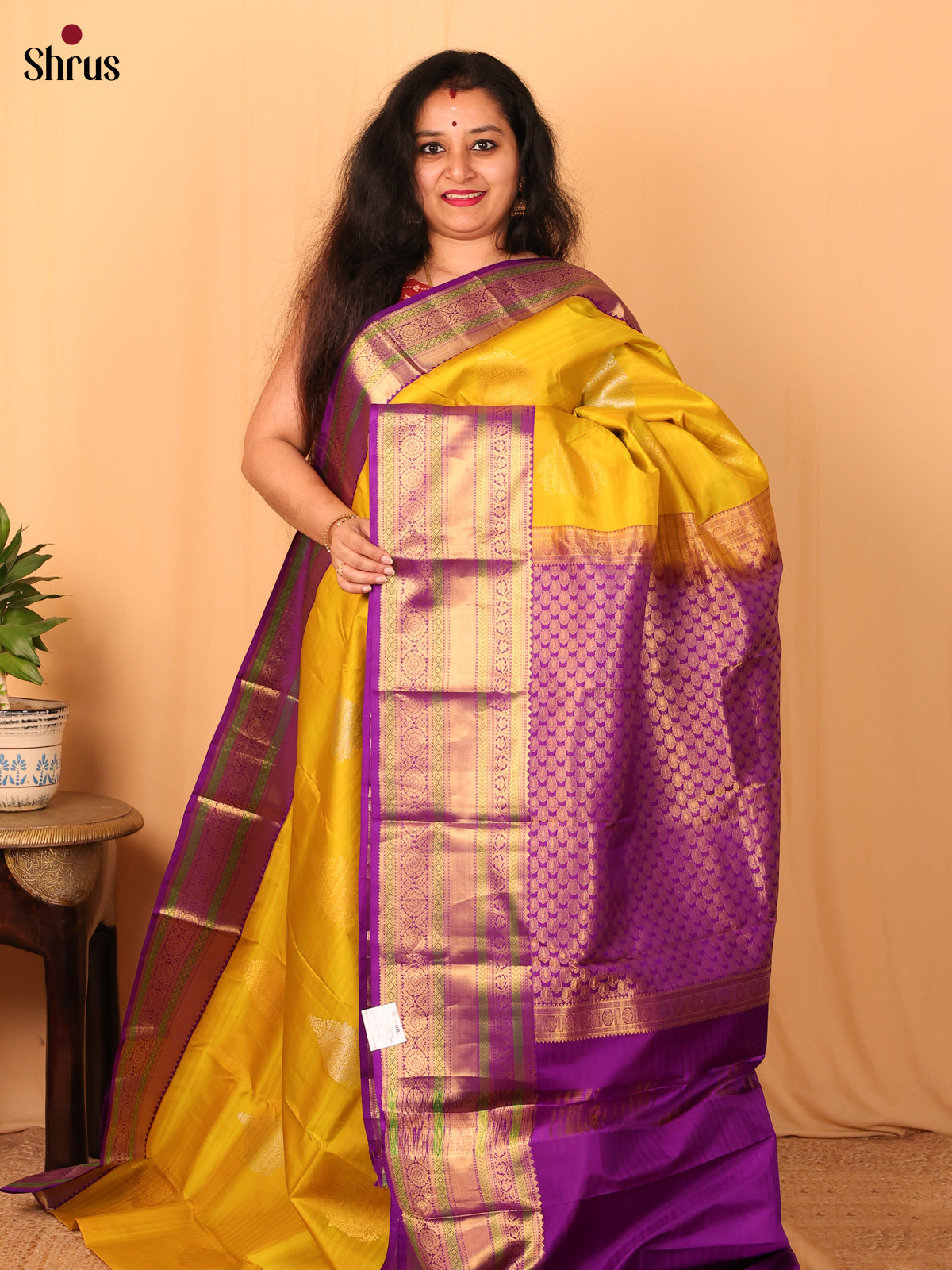 Mustard & Purple- Kanchipuram silk Saree - Shop on Shrus.com
