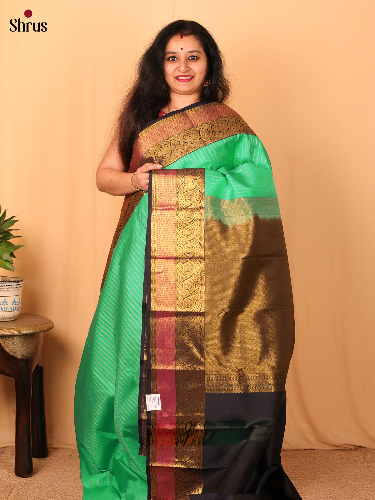 Green and Black Pure Kanchipuram silk Saree With Zari Woven Stripes-1
