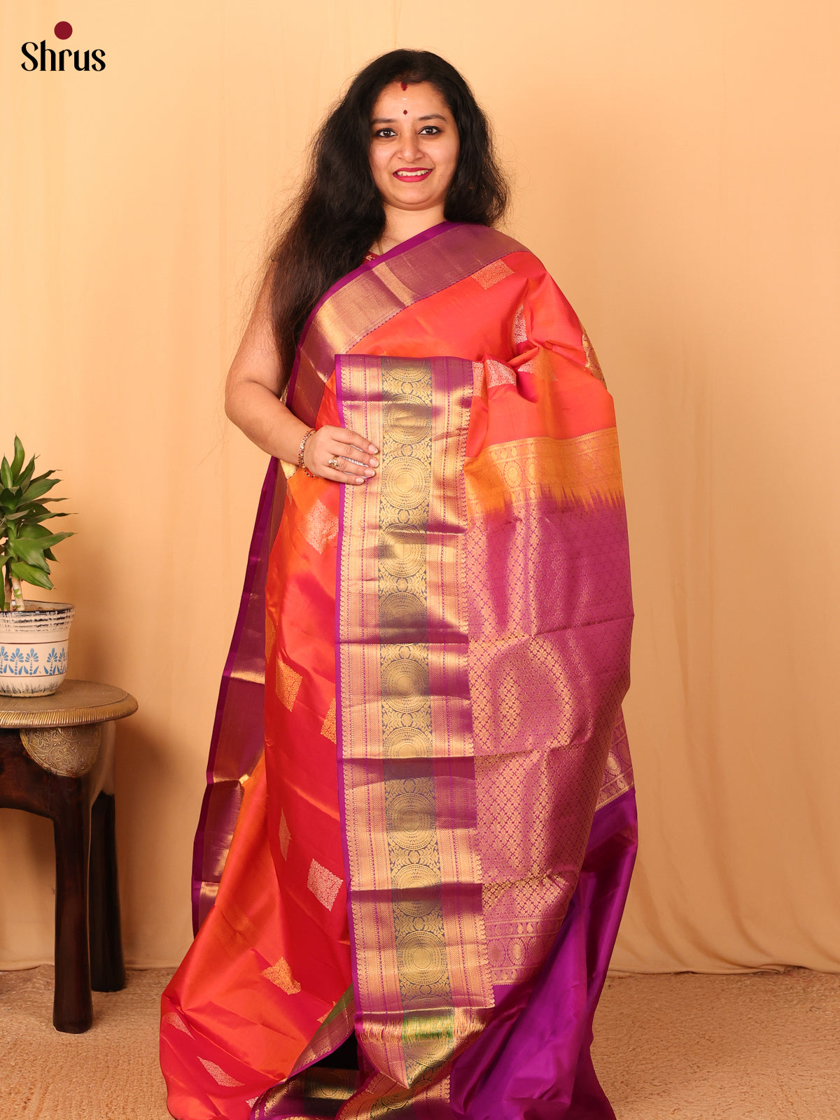 Orange & Majenta - Kanchipuram silk Saree - Shop on Shrus.com