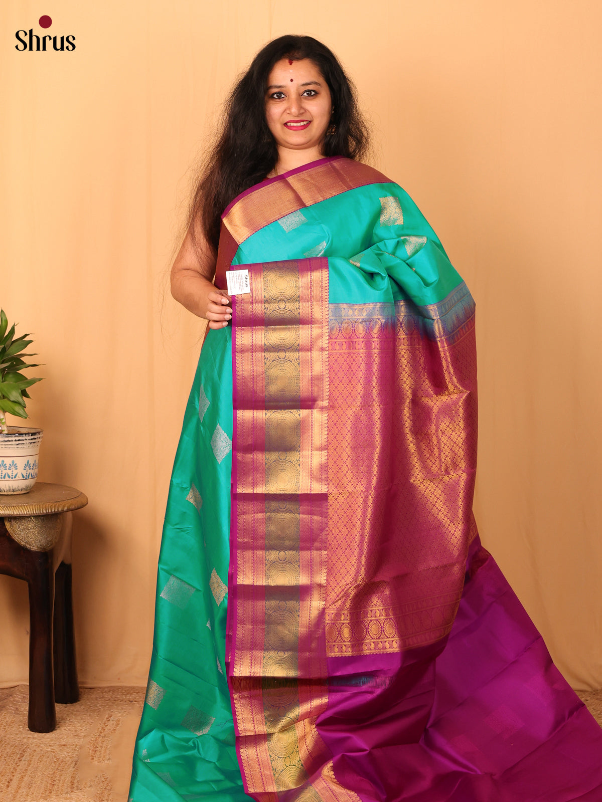 Teal & Purple - Kanchipuram silk Saree - Shop on Shrus.com