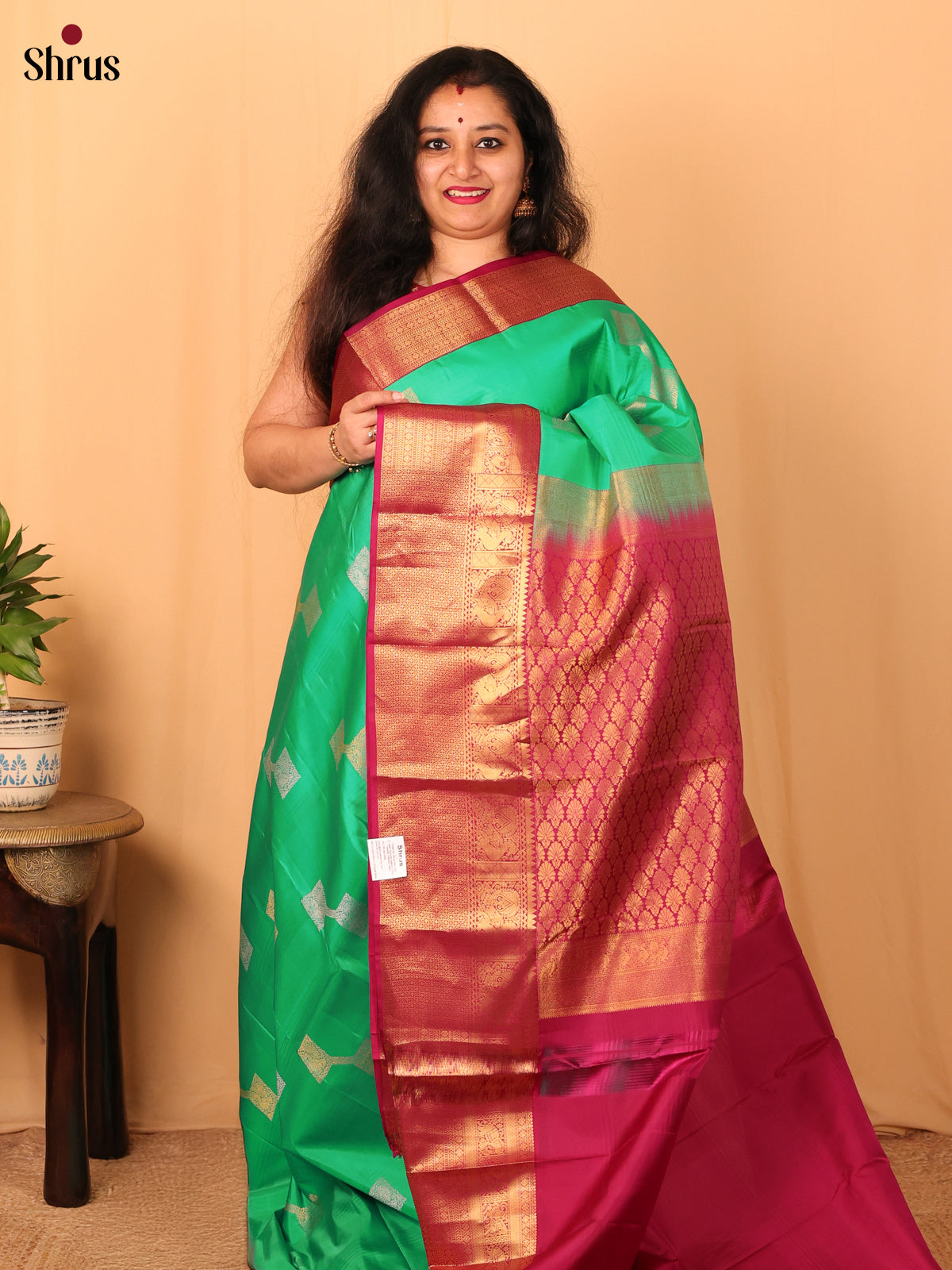 Green and Maroon Pure Kanchipuram silk Saree With Gold and Silver Zari Woven Block Buttas-1