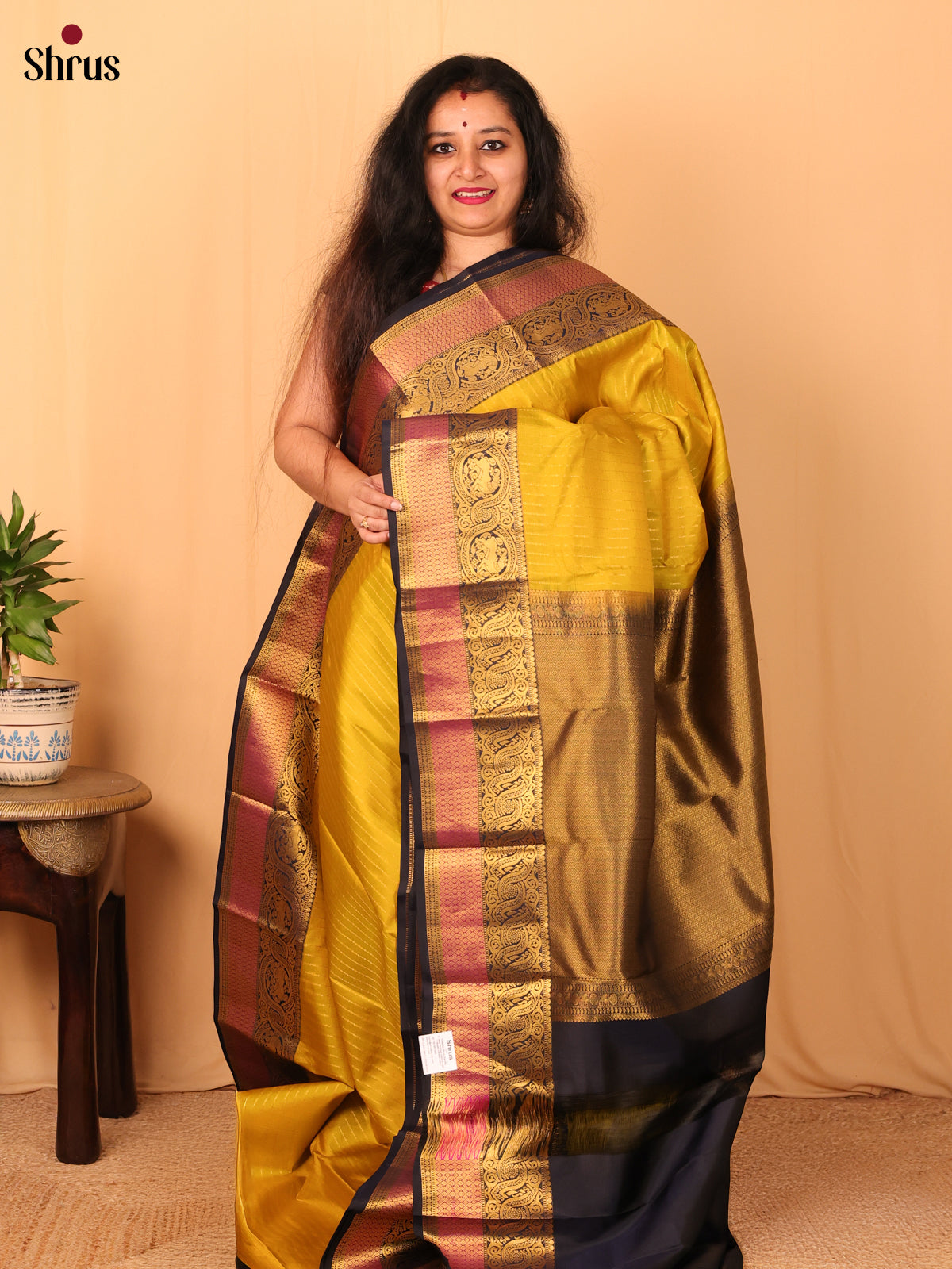 Mustardy Green & Black - Kanchipuram silk Saree - Shop on Shrus.com