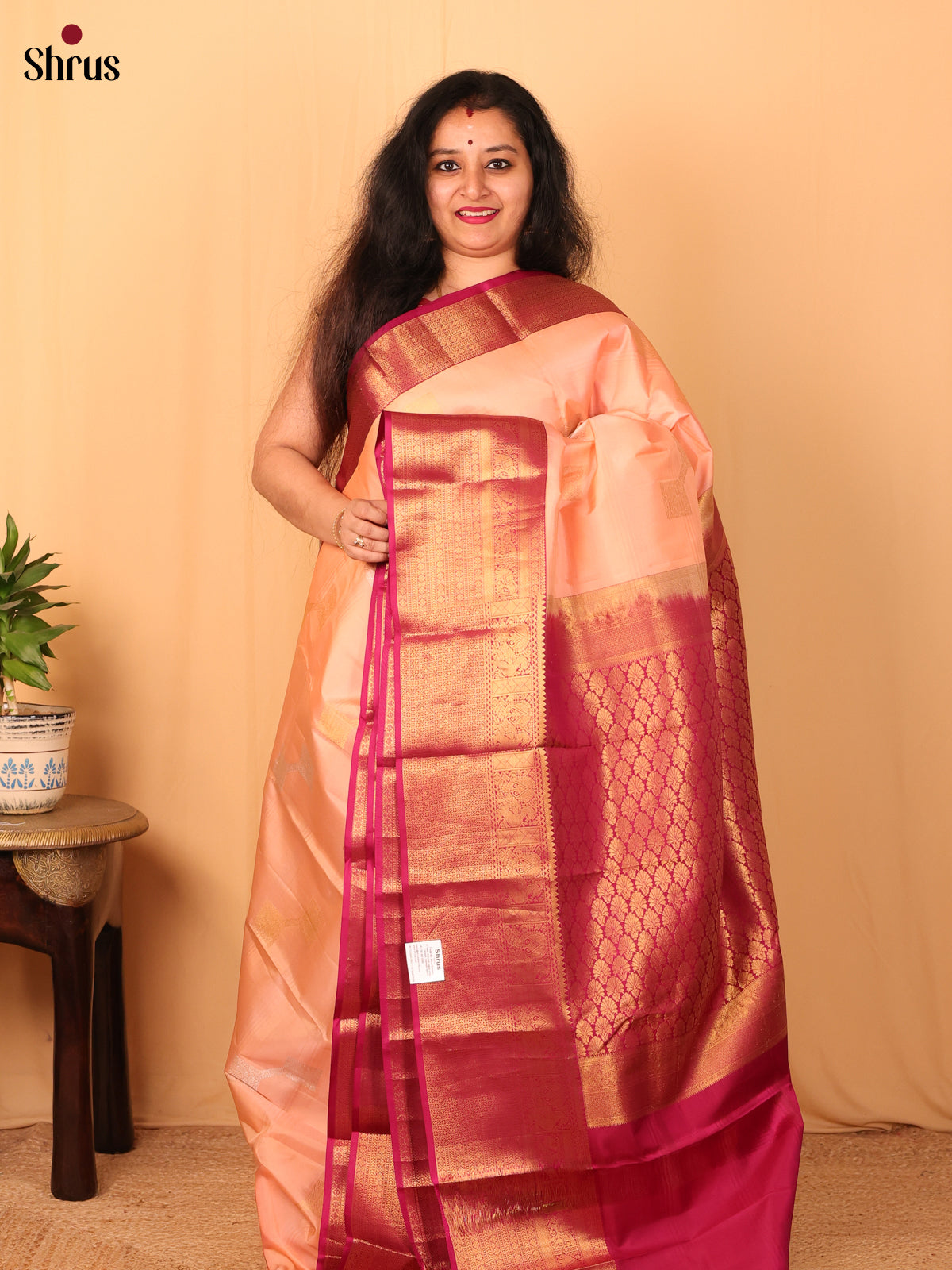 Peach & Maroon - Kanchipuram silk Saree - Shop on Shrus.com