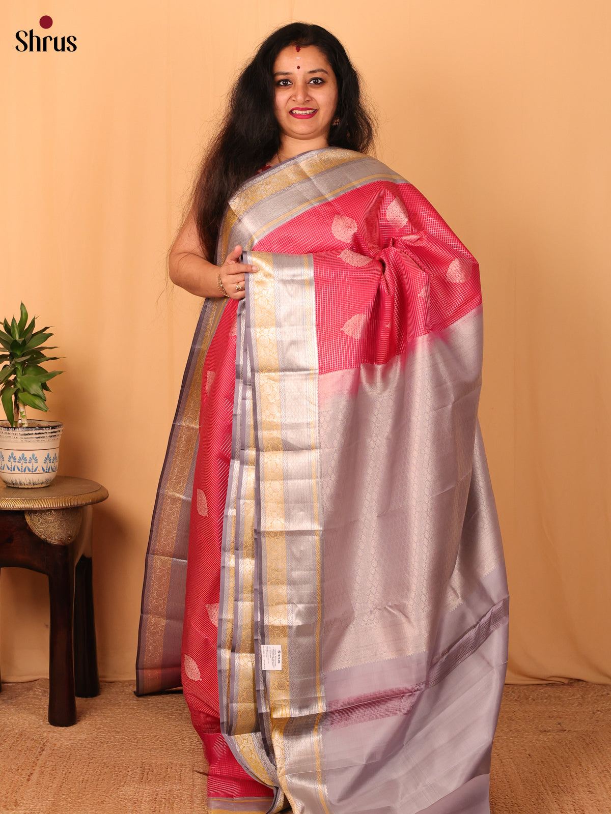 Red and Lavender Kanchipuram silk Saree With Vaira Oosi Checks and Floral Buttas-1