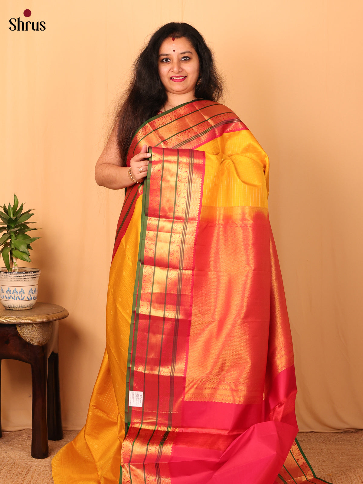 Yellow & Red - Kanchipuram silk Saree - Shop on Shrus.com