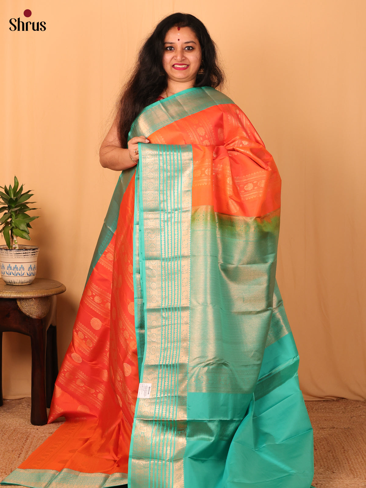 Orange & Green- Kanchipuram silk Saree - Shop on Shrus.com