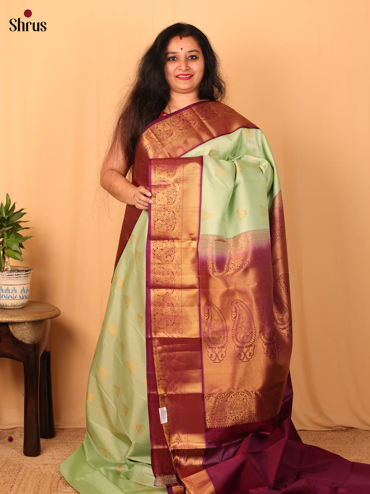 Pista Green & Maroon - Kanchipuram silk Saree - Shop on Shrus.com