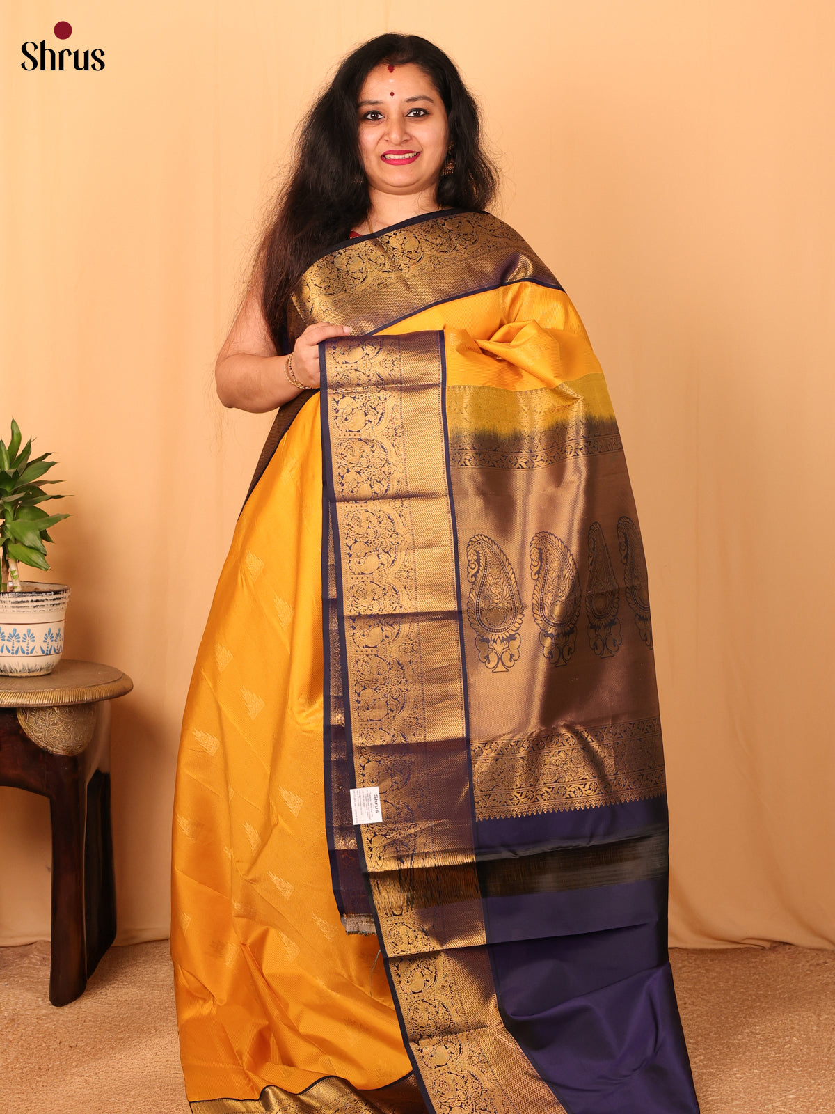 Mustard & Blue - Kanchipuram silk Saree - Shop on Shrus.com