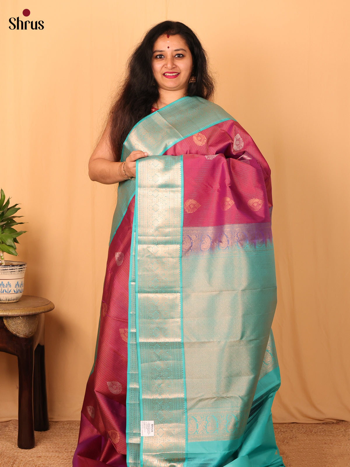 Purple and Teal Kanchipuram silk Saree With Zari Woven Floral Buttas - Shop on Shrus.com