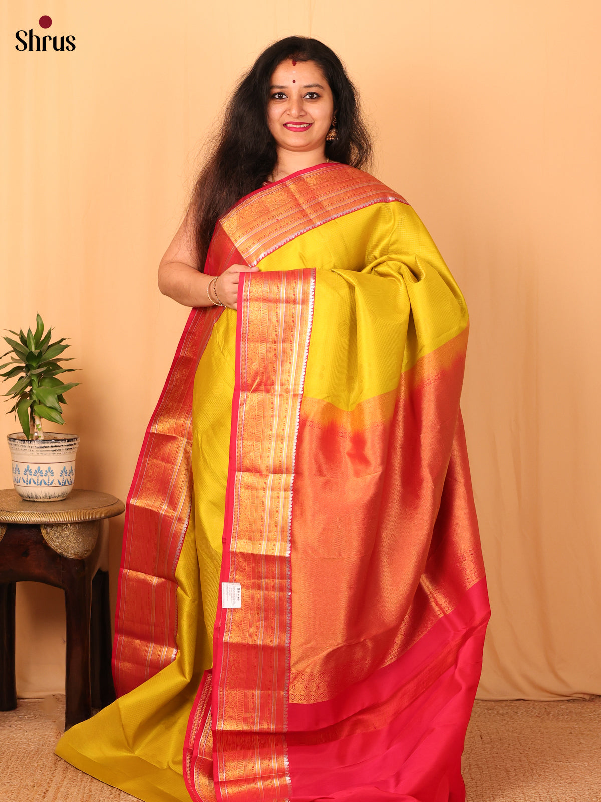 Mustardy Green and Red Pure Kanchipuram silk Saree With Zari Checks and Buttas-1