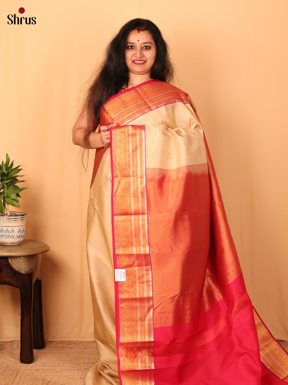 Cream and Red Pure Kanchipuram silk Saree With Zari woven Buttas-1
