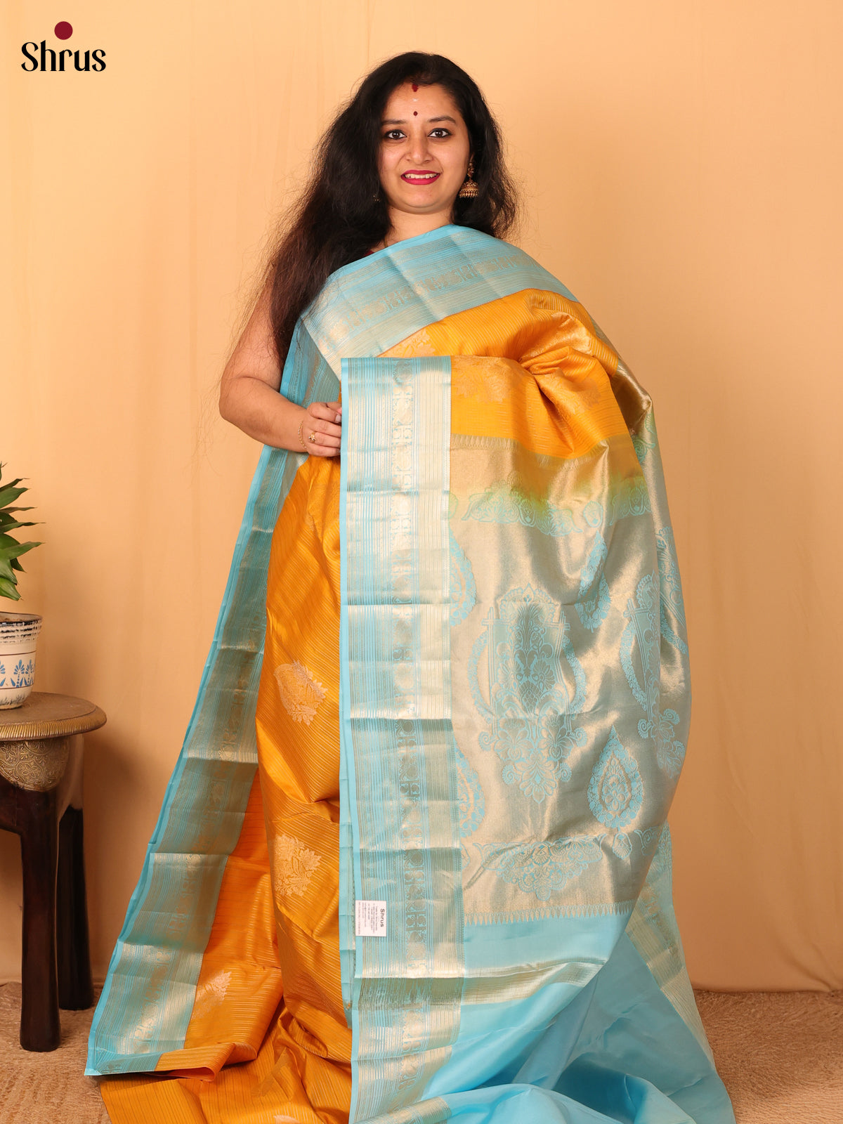 Mustard & Blue- Kanchipuram silk Saree - Shop on Shrus.com