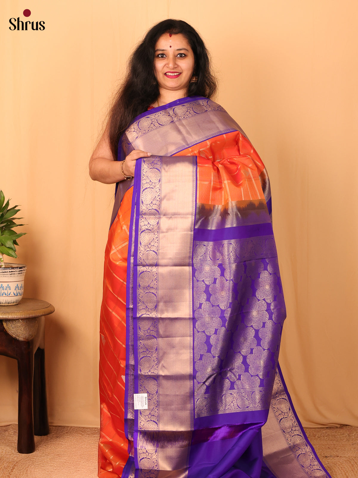 Orange and Violet Pure Kanchipuram silk Saree With Zari Checks and Floral Buttas - Shop on Shrus.com