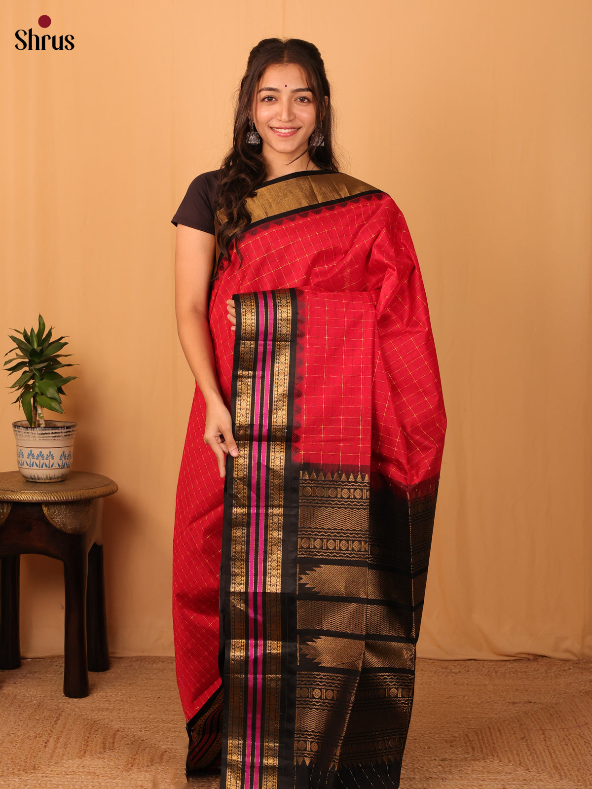 Red & Black - Silk Cotton Saree - Shop on Shrus.com