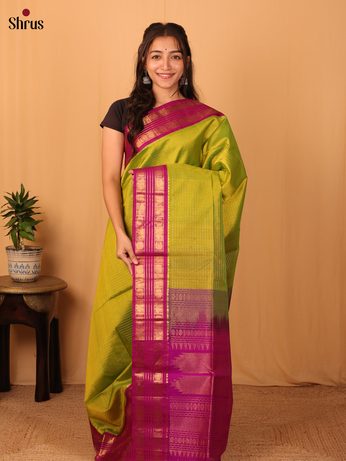 Leaf Green & majenta - Silk Cotton Saree - Shop on Shrus.com