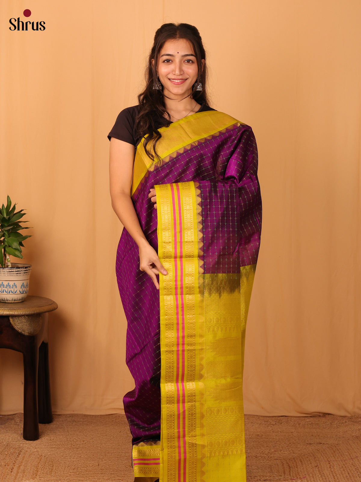 Violet & Lemon Yellow - Silk Cotton Saree - Shop on Shrus.com