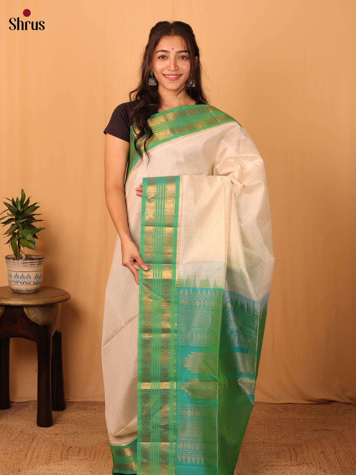 Cream & Teal - Silk Cotton Saree - Shop on Shrus.com