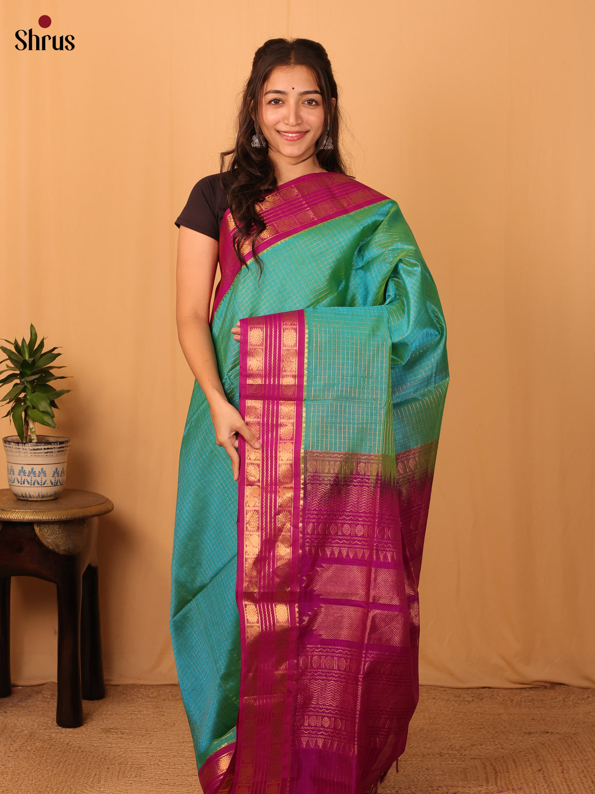 Teal & Majenta - Silk Cotton Saree - Shop on Shrus.com