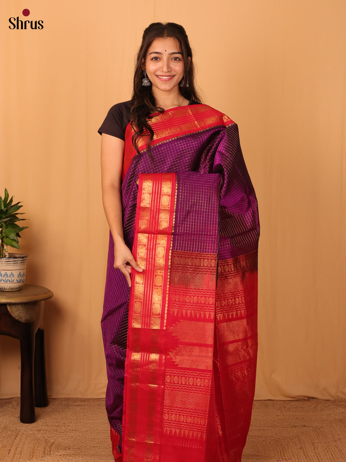Violet & Red - Silk Cotton Saree - Shop on Shrus.com