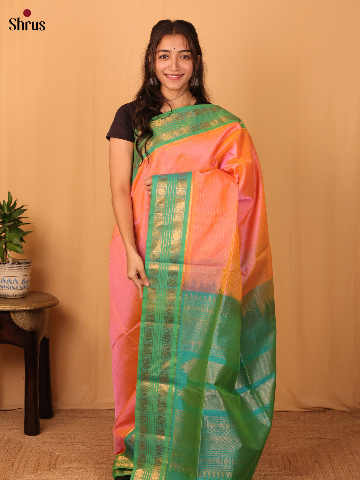 Peach & Teal - Silk Cotton Saree - Shop on Shrus.com
