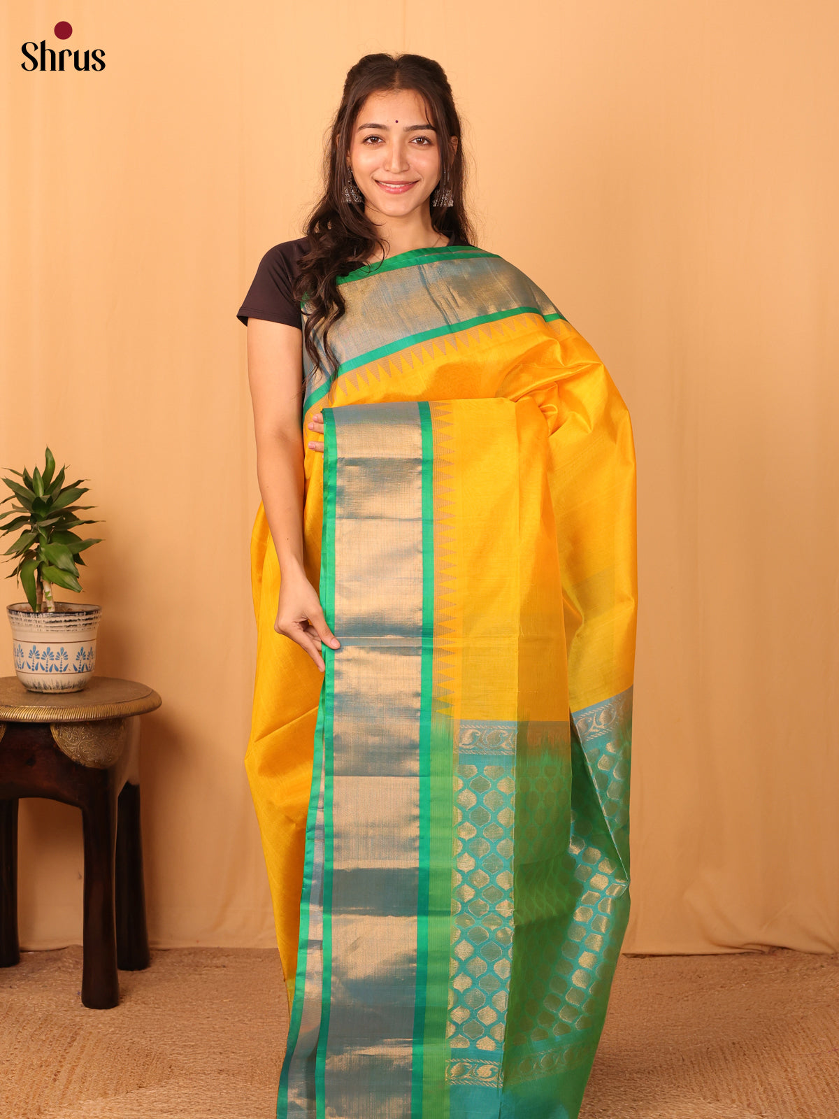 Yellow & Teal - Silk Cotton Saree - Shop on Shrus.com