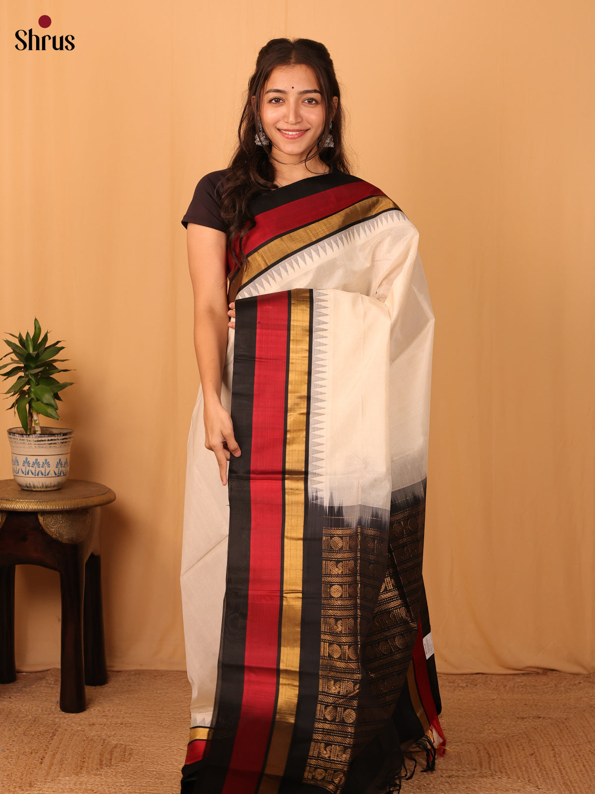 Cream & Black - Silk Cotton Saree - Shop on Shrus.com