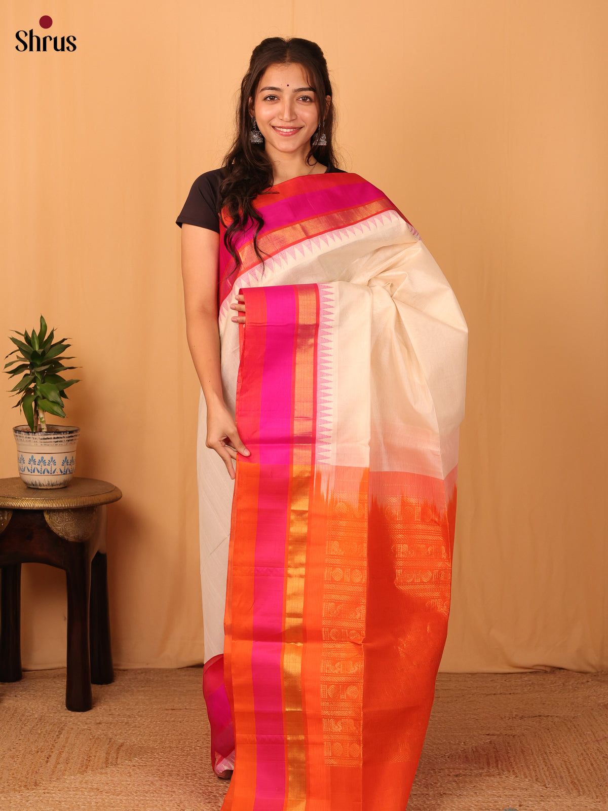 Cream & Orange - Silk Cotton Saree - Shop on Shrus.com
