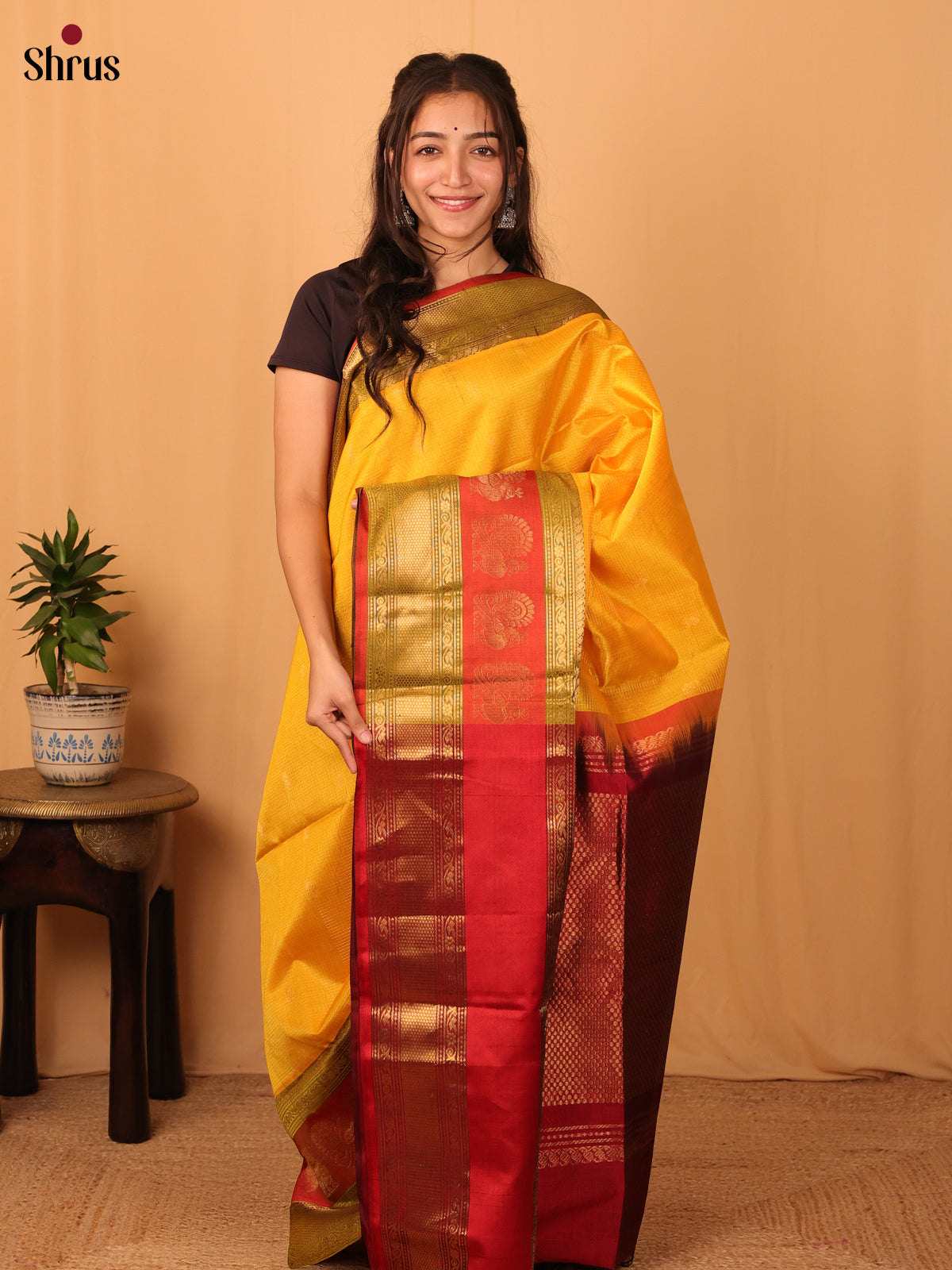 Yellow & Maroon - Silk Cotton Saree - Shop on Shrus.com