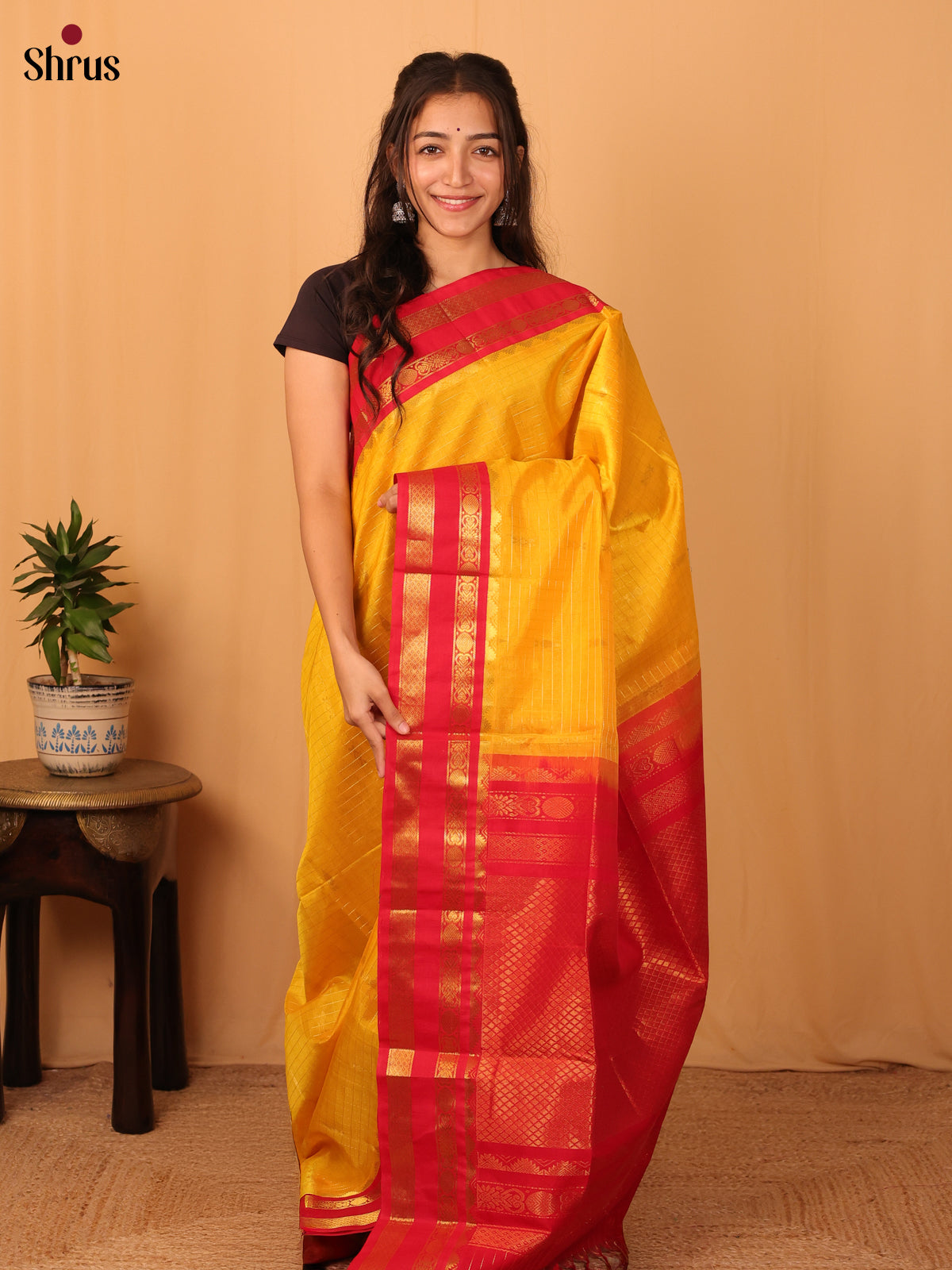 Yellow Silk Cotton Saree With Golden Zari Stripes And Buttas And Contrast Red Zari Woven Border