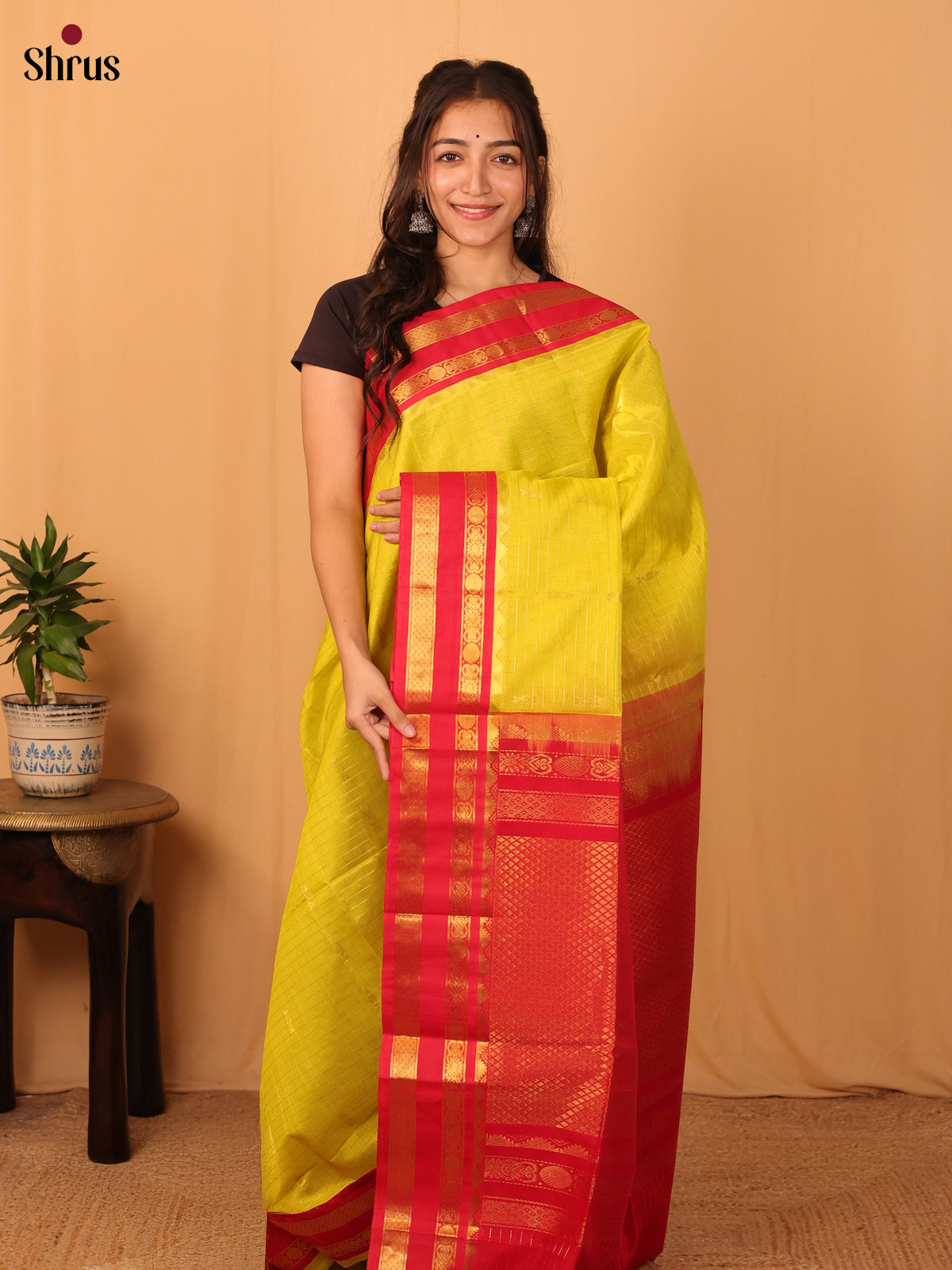 Lime Green & Red - Silk Cotton Saree - Shop on Shrus.com