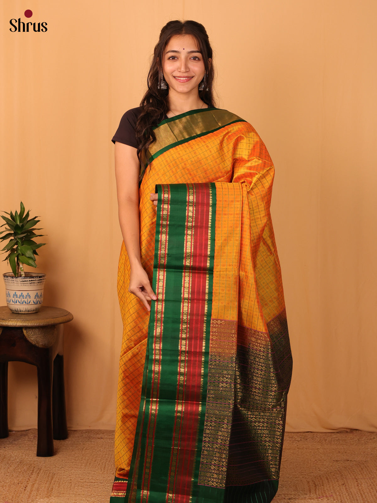 Mustard & Green - Silk Cotton Saree - Shop on Shrus.com