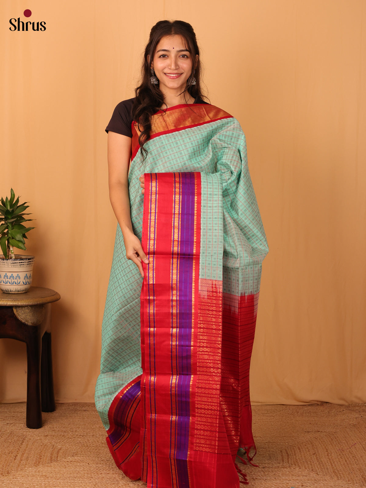Teal & Red - Silk Cotton Saree - Shop on Shrus.com