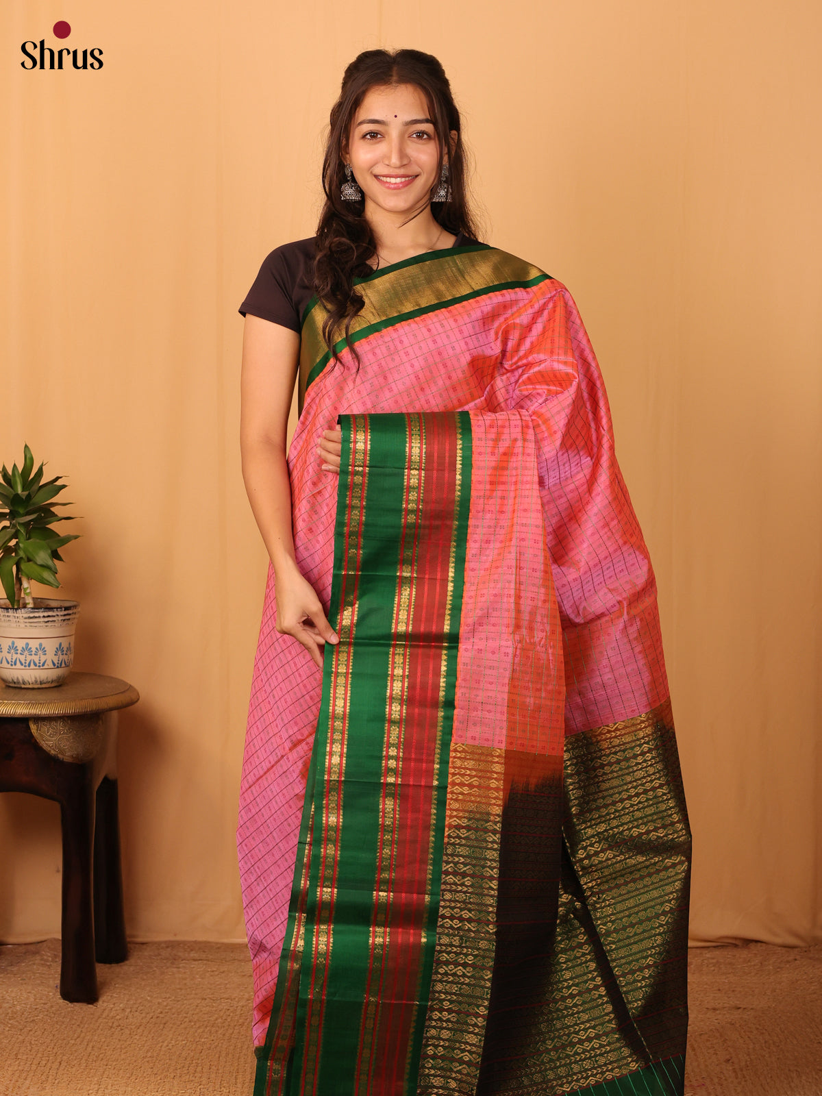 Pink & Green - Silk Cotton Saree - Shop on Shrus.com
