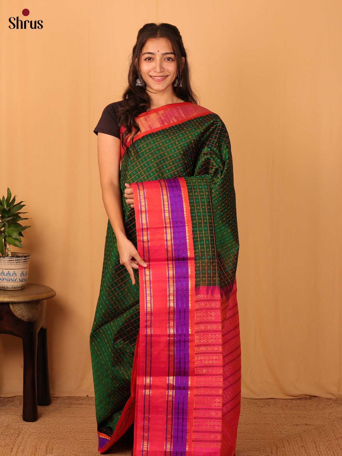 Green & Pink - Silk Cotton Saree - Shop on Shrus.com