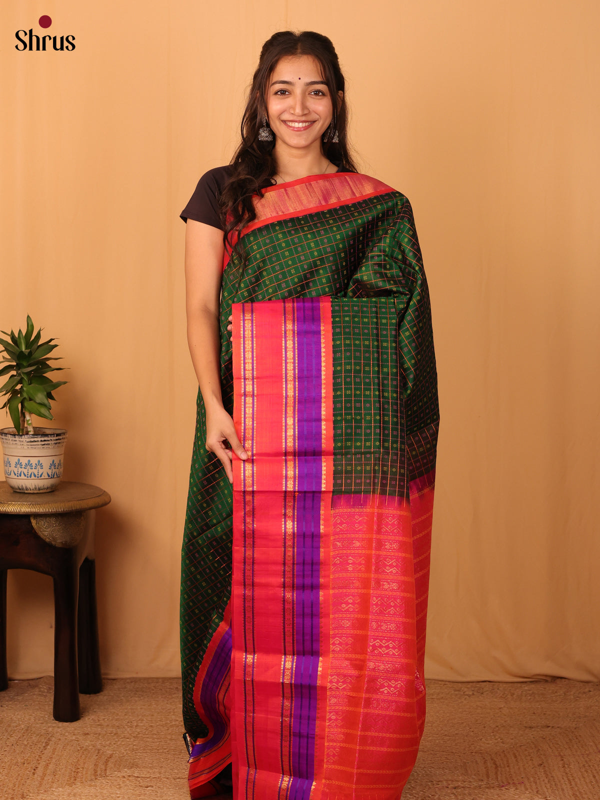 Green & Pink - Silk Cotton Saree - Shop on Shrus.com