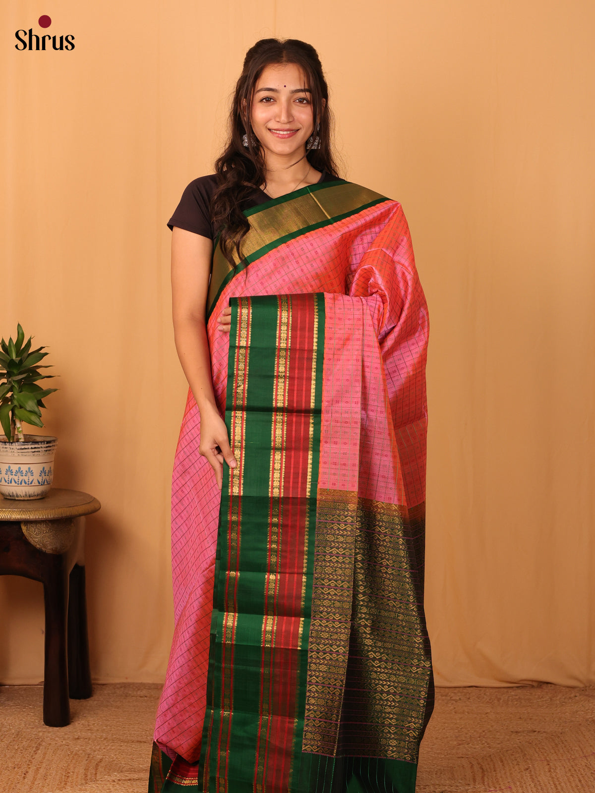 Pink & Green - Silk Cotton Saree - Shop on Shrus.com