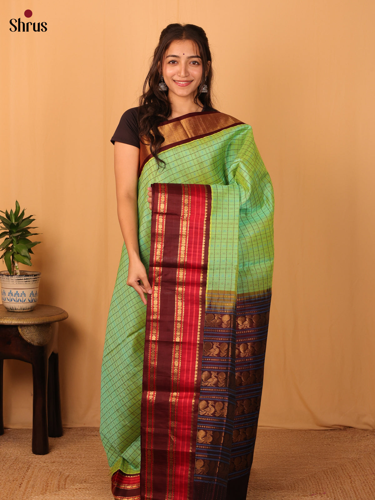 Green & Brown - Silk Cotton Saree - Shop on Shrus.com