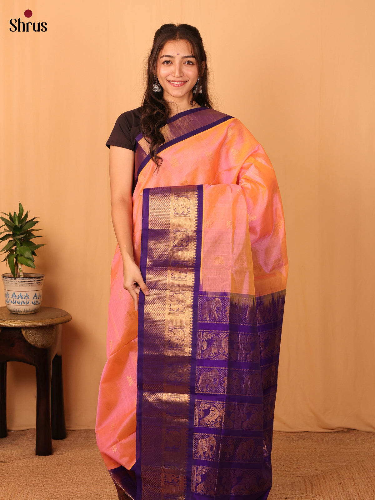 Peach & Violet- Silk Cotton Saree - Shop on Shrus.com