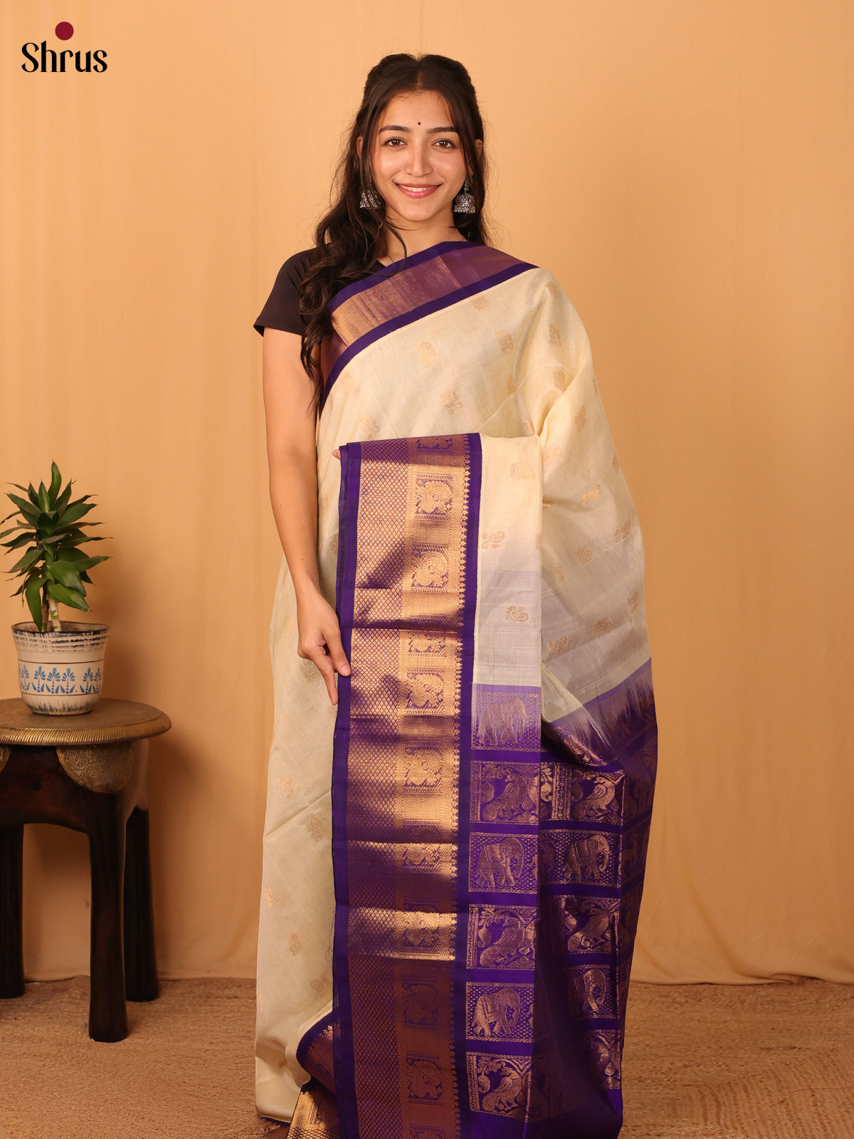 Cream & Violet - Silk Cotton Saree - Shop on Shrus.com