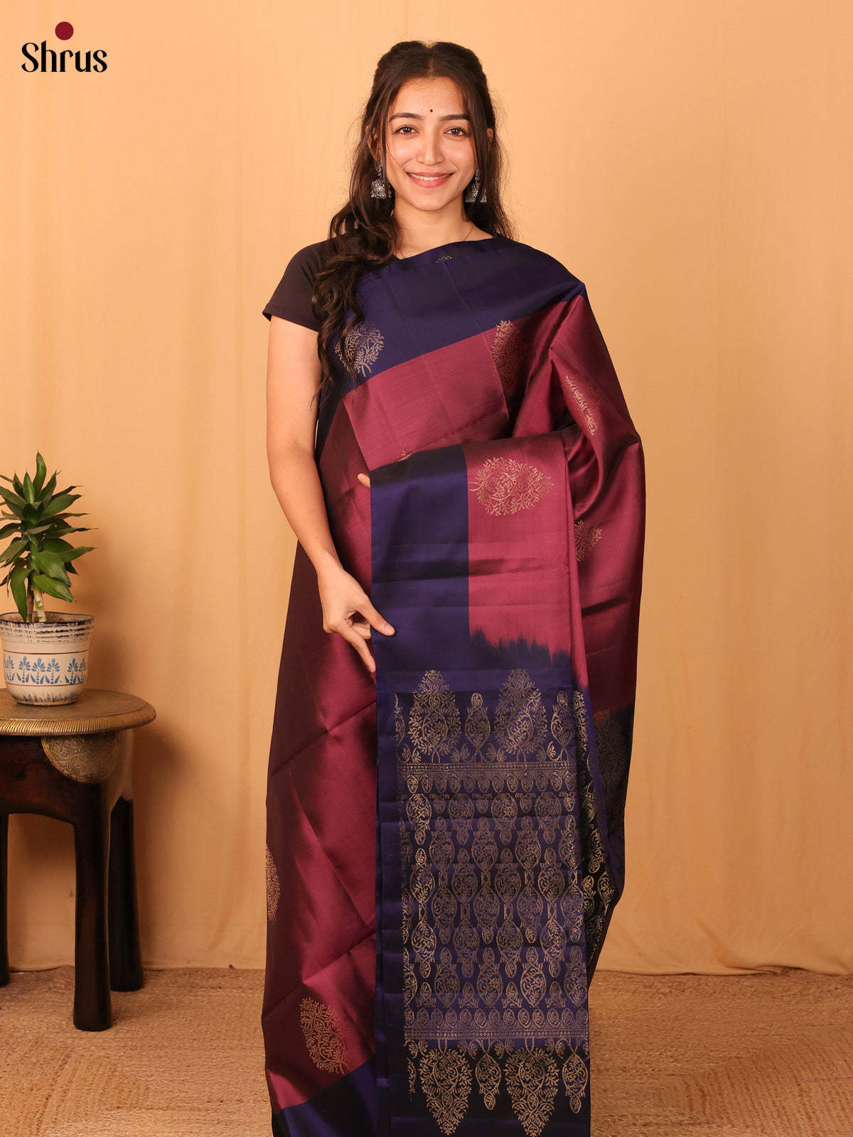 Maroon & Violet- Softsilk-halfpure Saree - Shop on Shrus.com