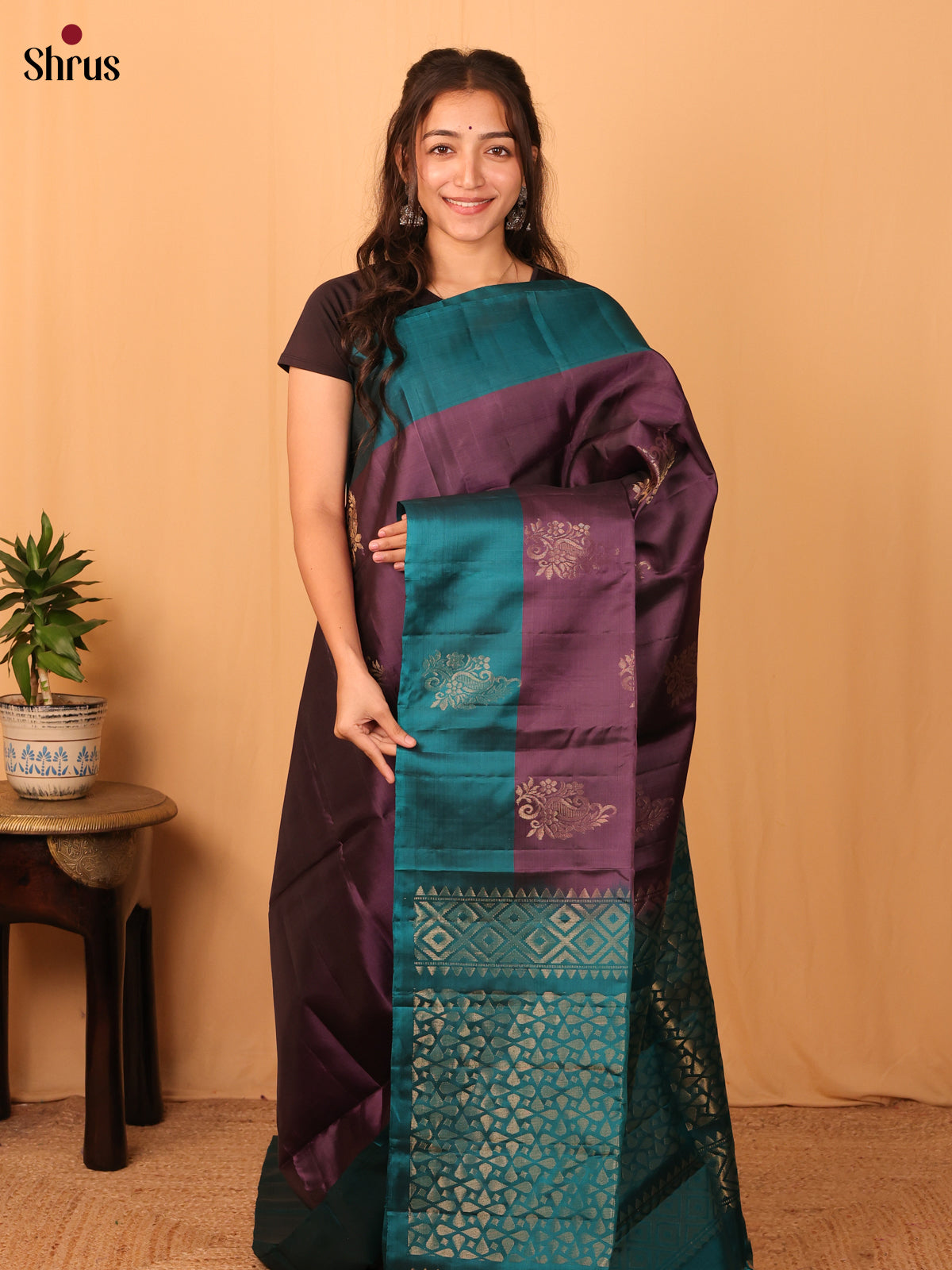 Purple & Blue - Softsilk-halfpure Saree - Shop on Shrus.com