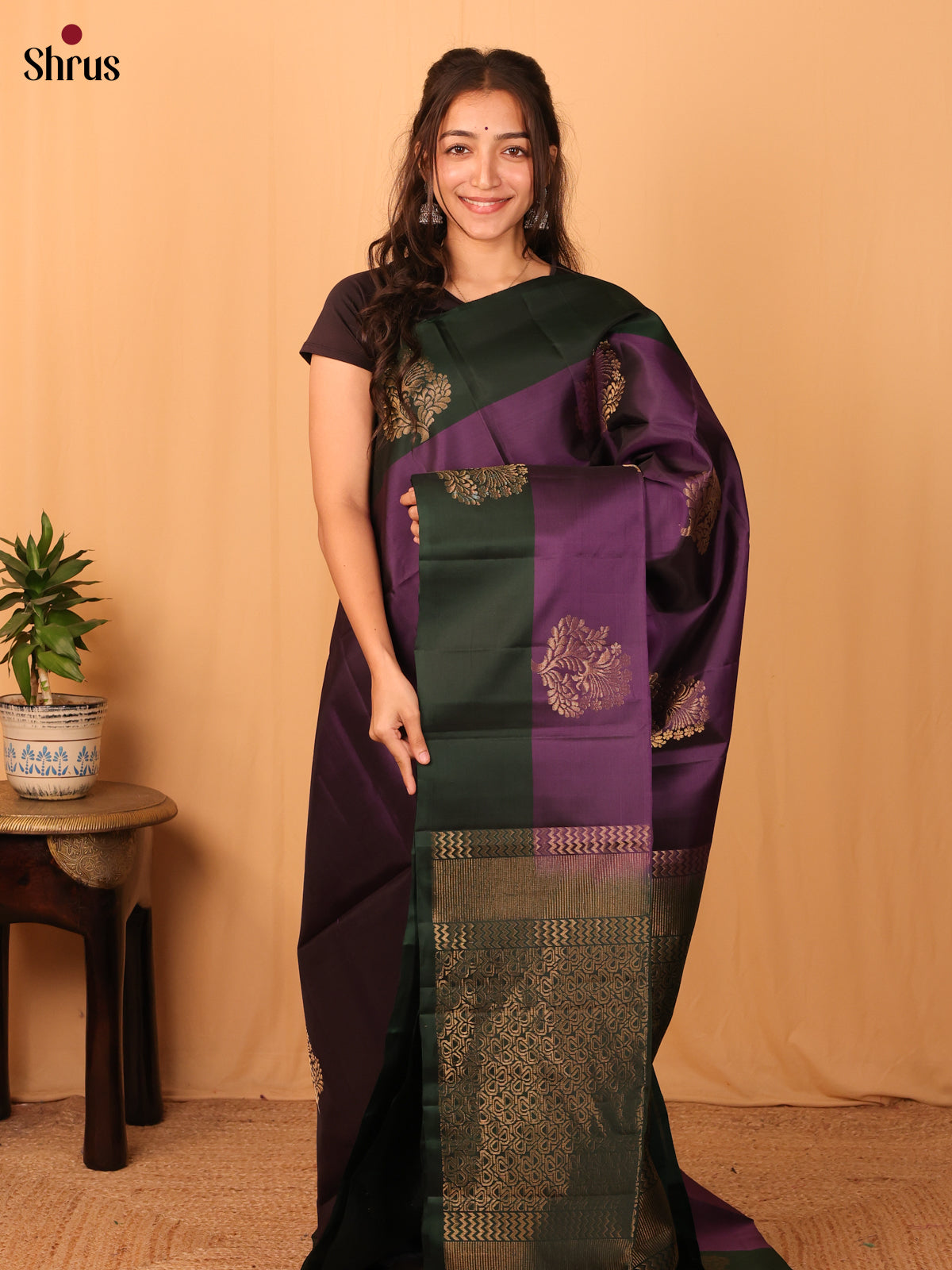 Violet & Green - Softsilk-halfpure Saree - Shop on Shrus.com