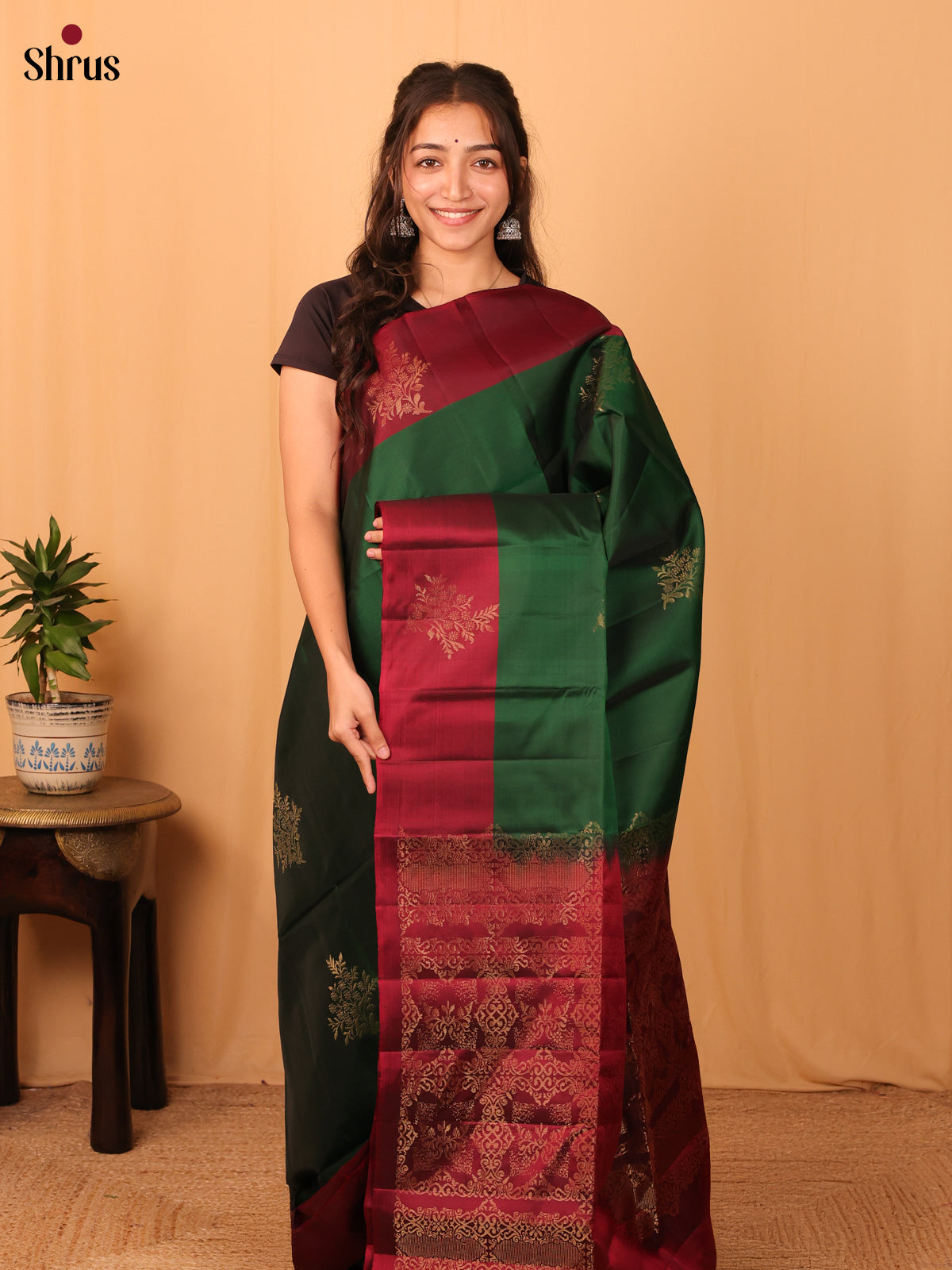 Green & Maroon - Softsilk-halfpure Saree - Shop on Shrus.com