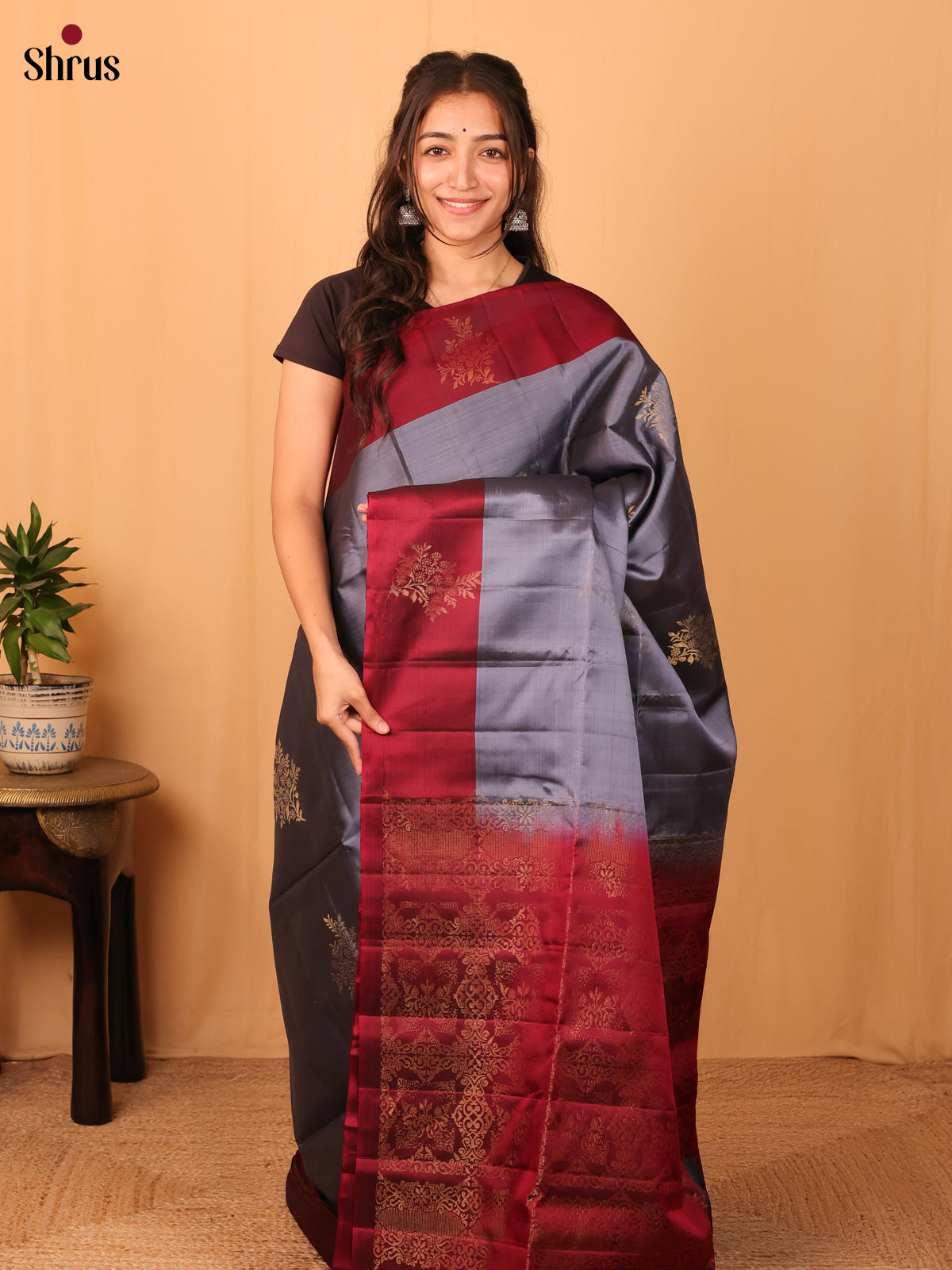 Grey & Maroon - Softsilk-halfpure Saree - Shop on Shrus.com