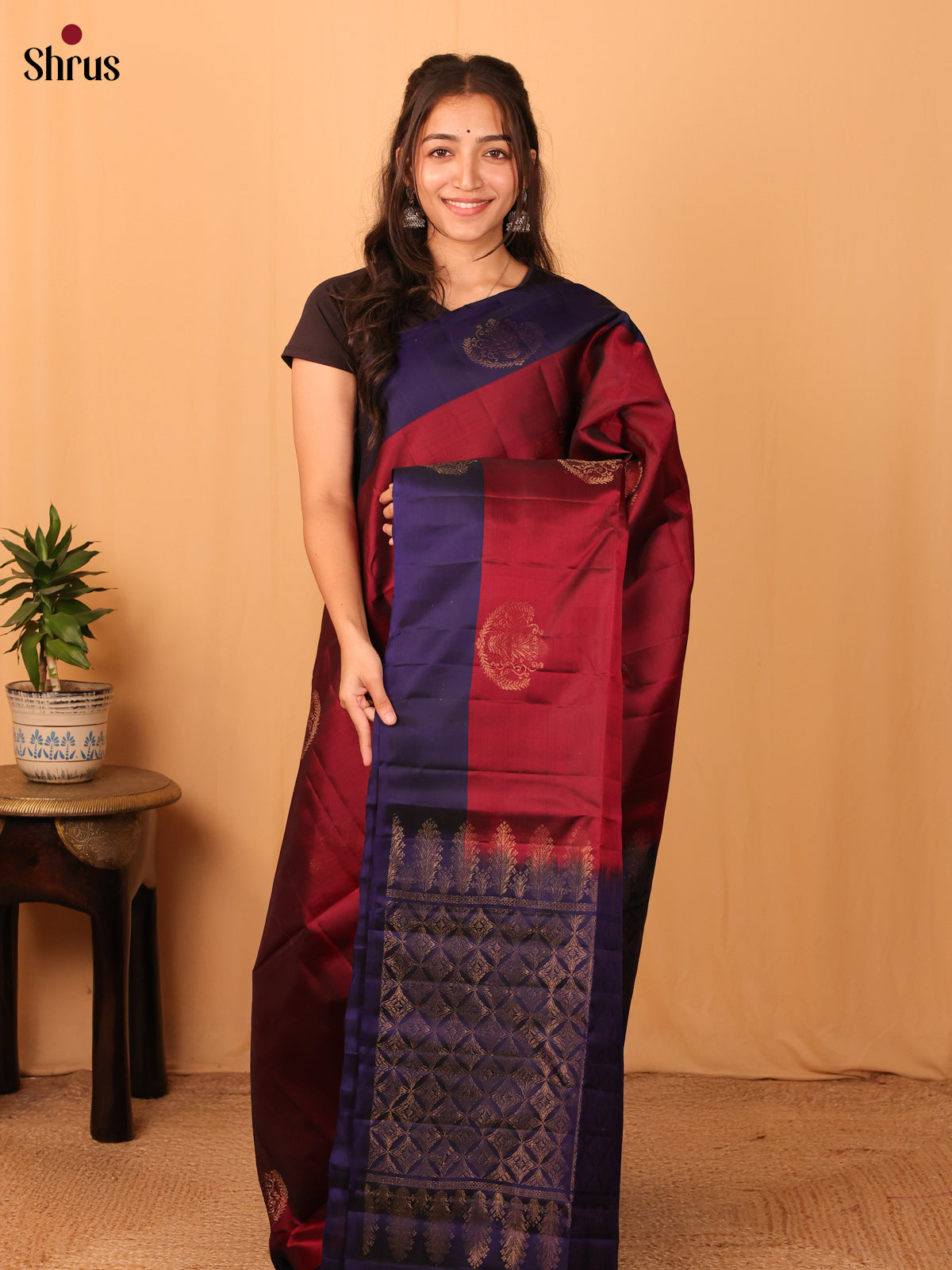 Maroon & Blue- Softsilk-halfpure Saree - Shop on Shrus.com