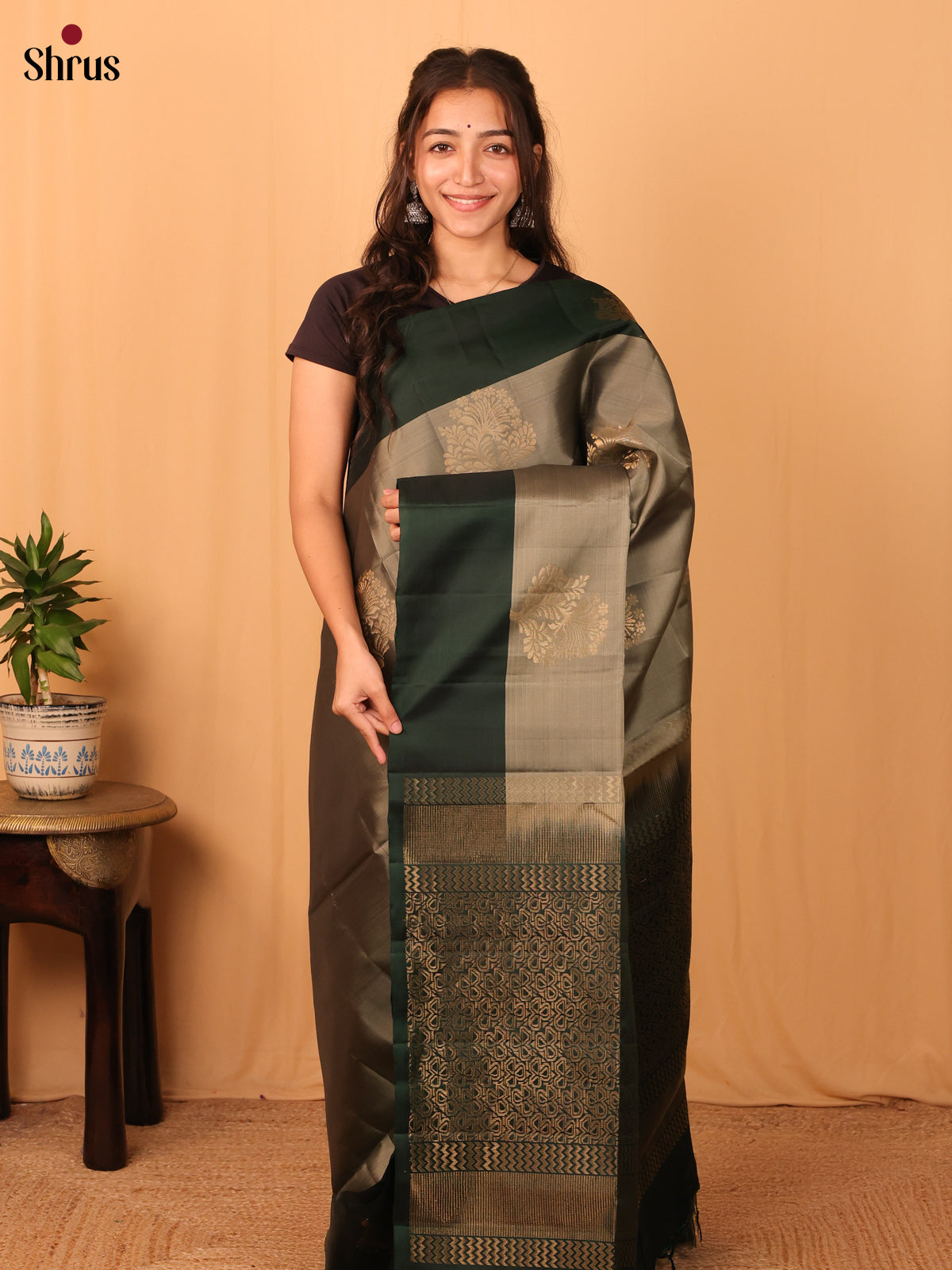 Grey & Green - Softsilk-halfpure Saree - Shop on Shrus.com