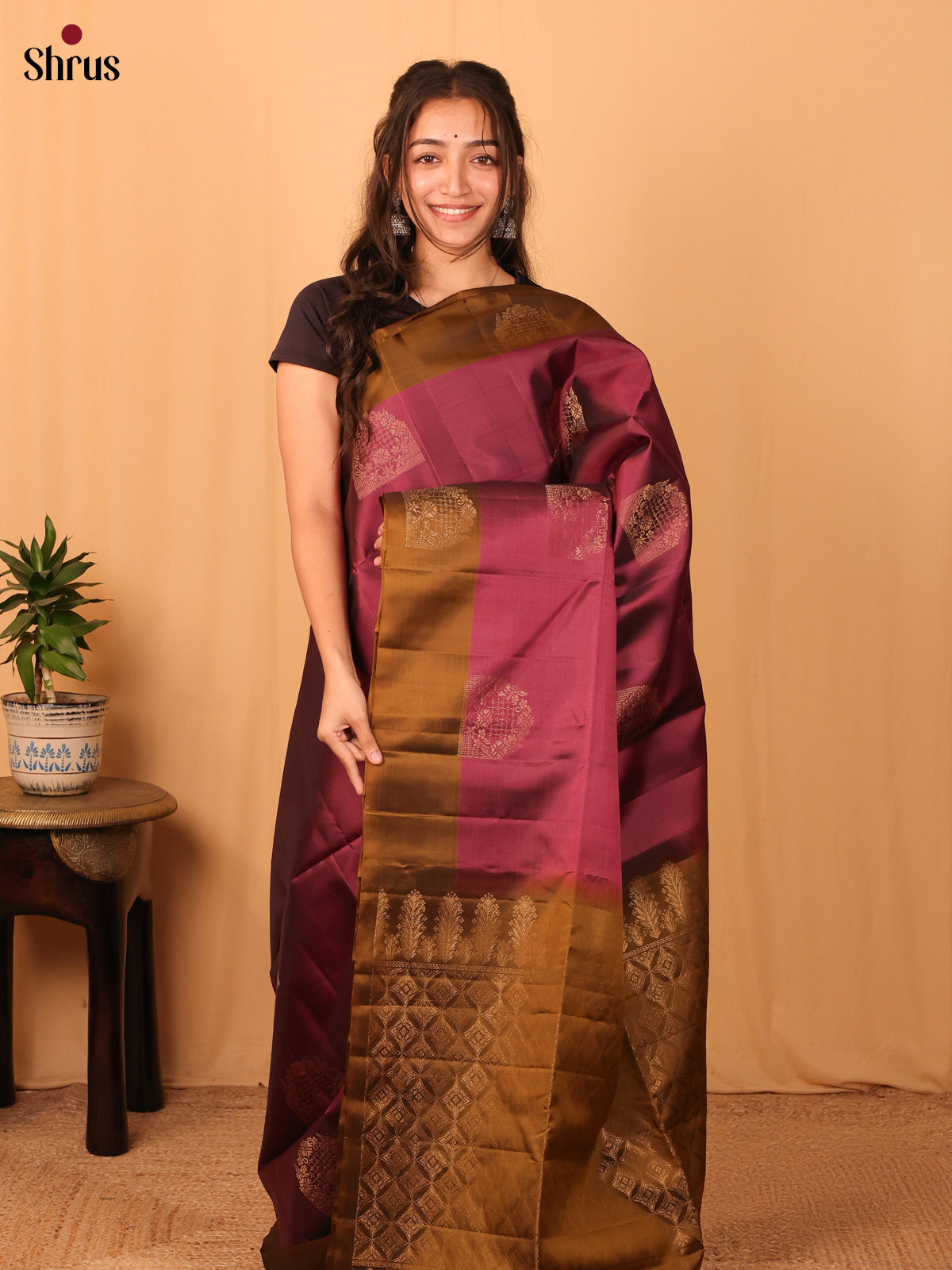 Maroon & Dark Mustard - Softsilk-halfpure Saree - Shop on Shrus.com