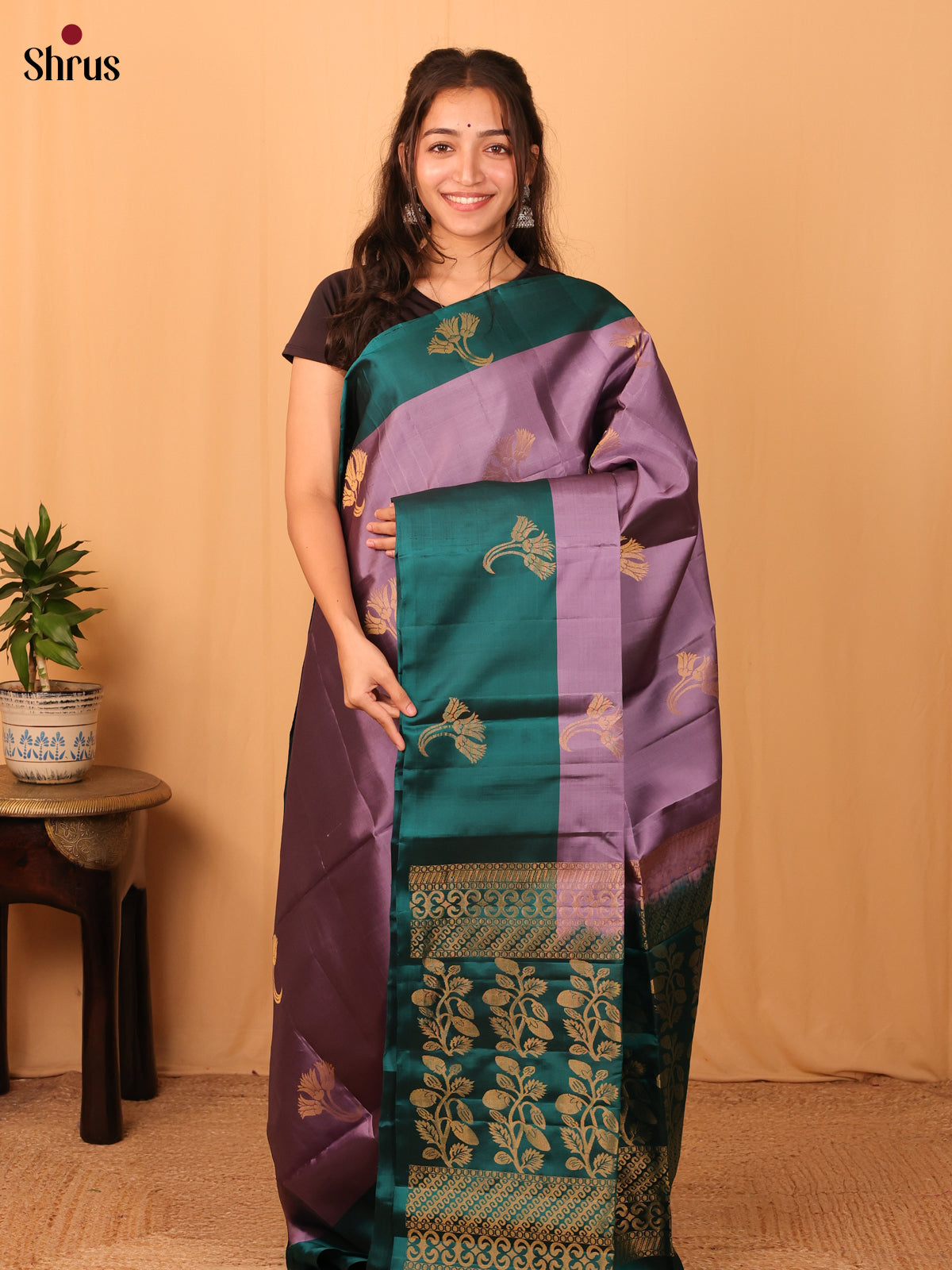 Lavender & Green - Softsilk-halfpure Saree - Shop on Shrus.com