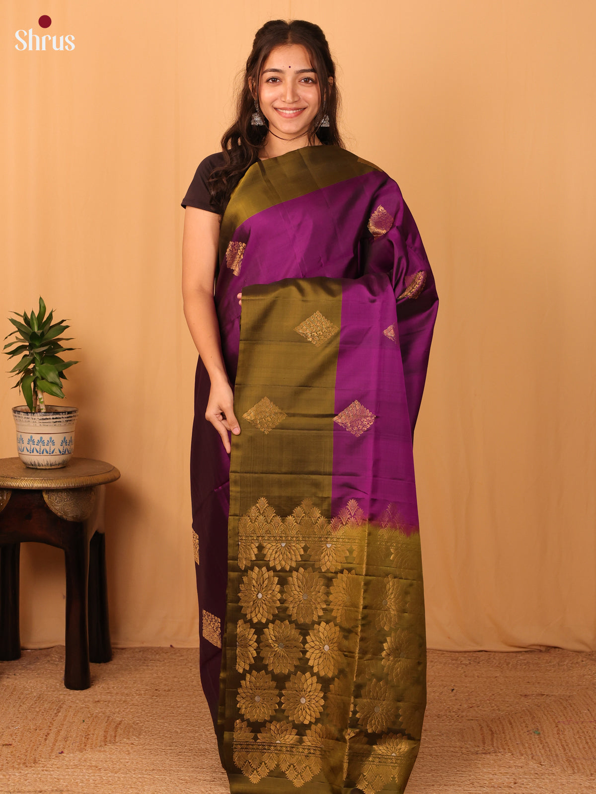 Purple & Mehandi - Softsilk-halfpure Saree - Shop on Shrus.com