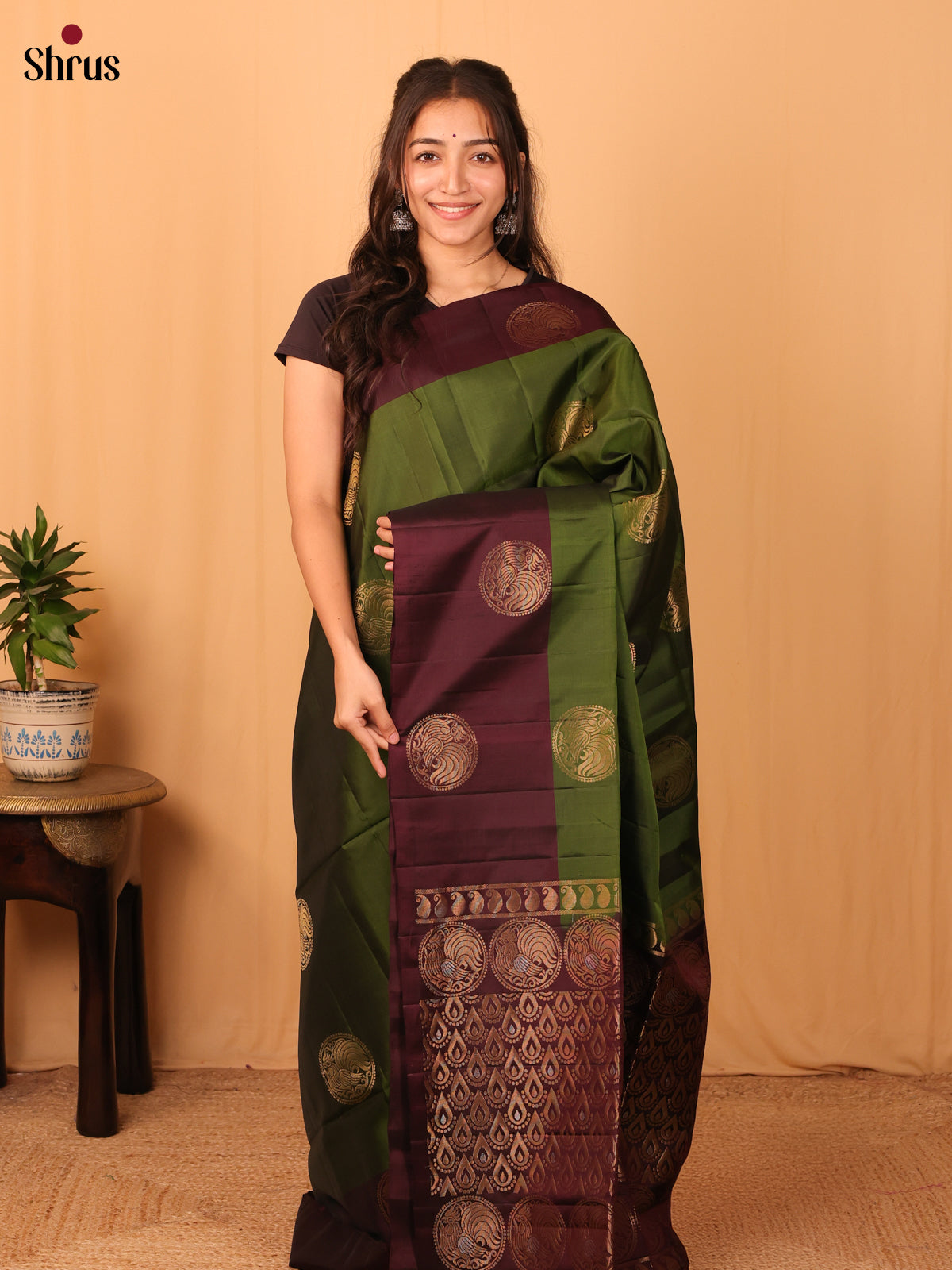 Green & Brown - Softsilk-halfpure Saree - Shop on Shrus.com